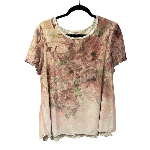 Sundance Pink Ever Blooming Floral Print Mesh Layered Short Sleeve Top Womens XL - Picture 2 of 6